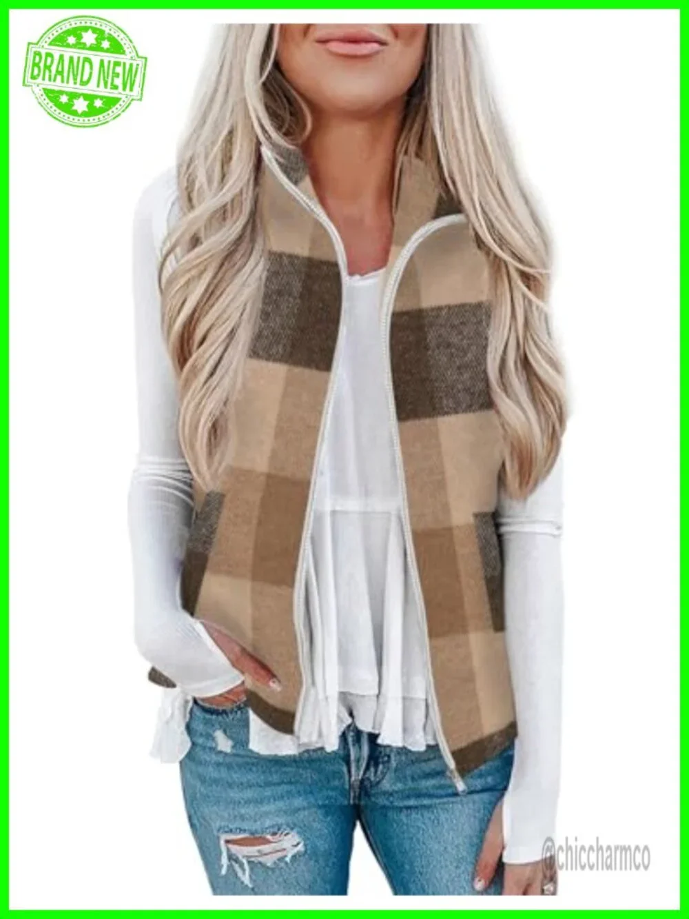 Women's Plaid Zip Up Sleeveless Vest Jacket with Pockets